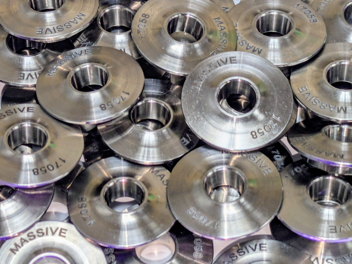Massive Speed titanium valve spring retainers, close up